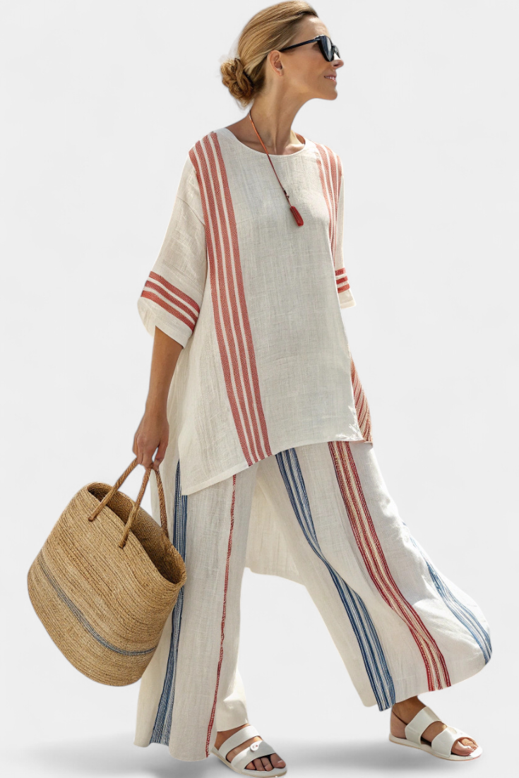Anila - Elegant Linen Two Piece Set With Striped Design