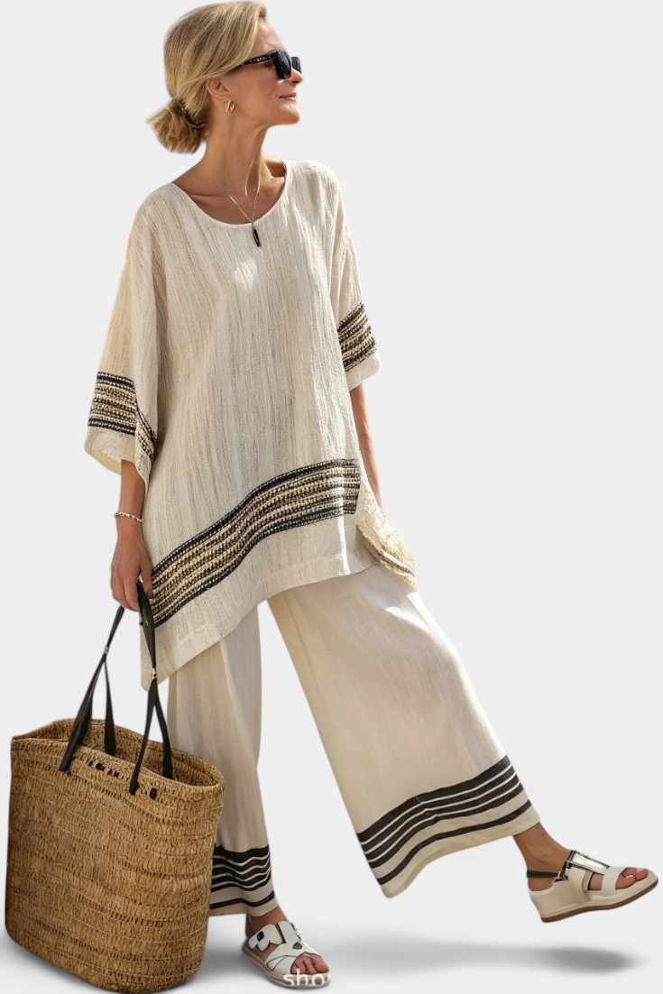 Anila - Elegant Linen Two Piece Set With Striped Design