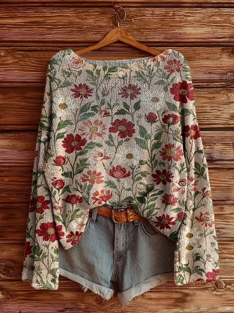 Audrina - Floral Print Crew Neck Sweater