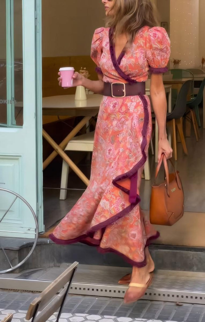 Eliett - Long Dress with Short Puffed Sleeves and Asymmetrical Skirt