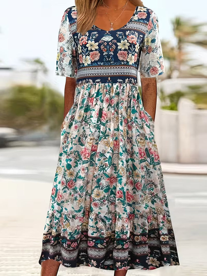 Lisan - Vintage Floral Print Dress with Pocket