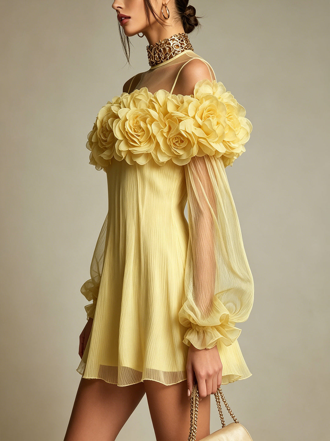 Liziana - Pleated Mini Dress With 3D Floral Embellishments