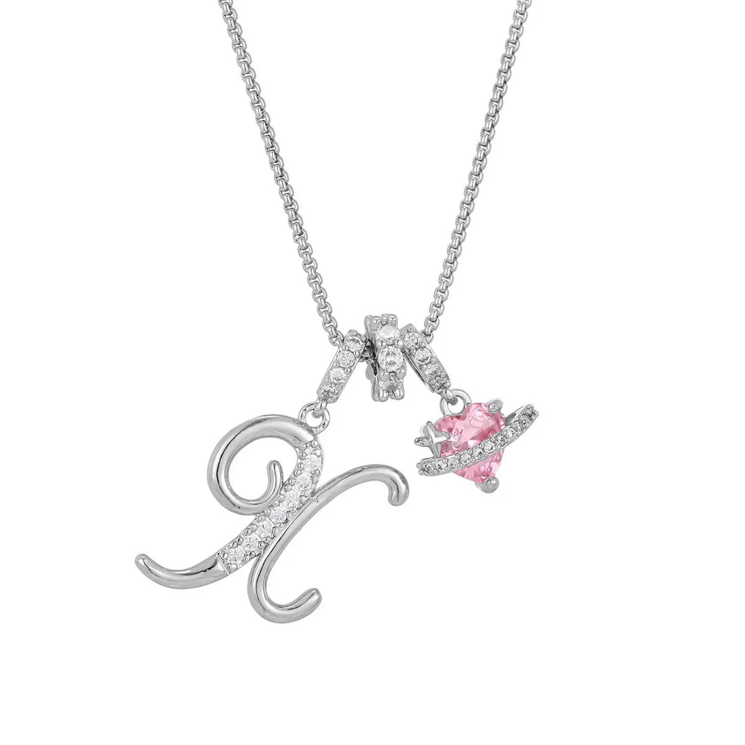 Nerute - Initial Letter Necklace With Pink Heart Charm