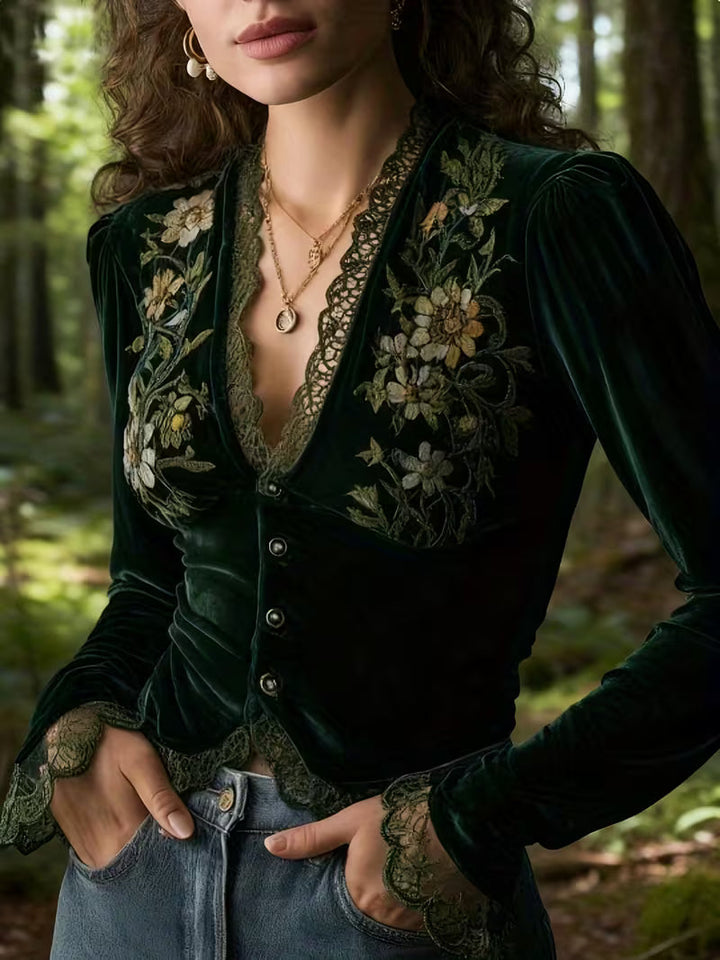 Nayelian - Long Sleeves Floral Embroidered Velvet Shirt