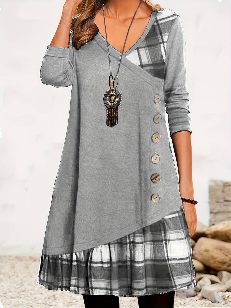 Alinor - Casual Plaid Patchwork Long Sleeve Dress