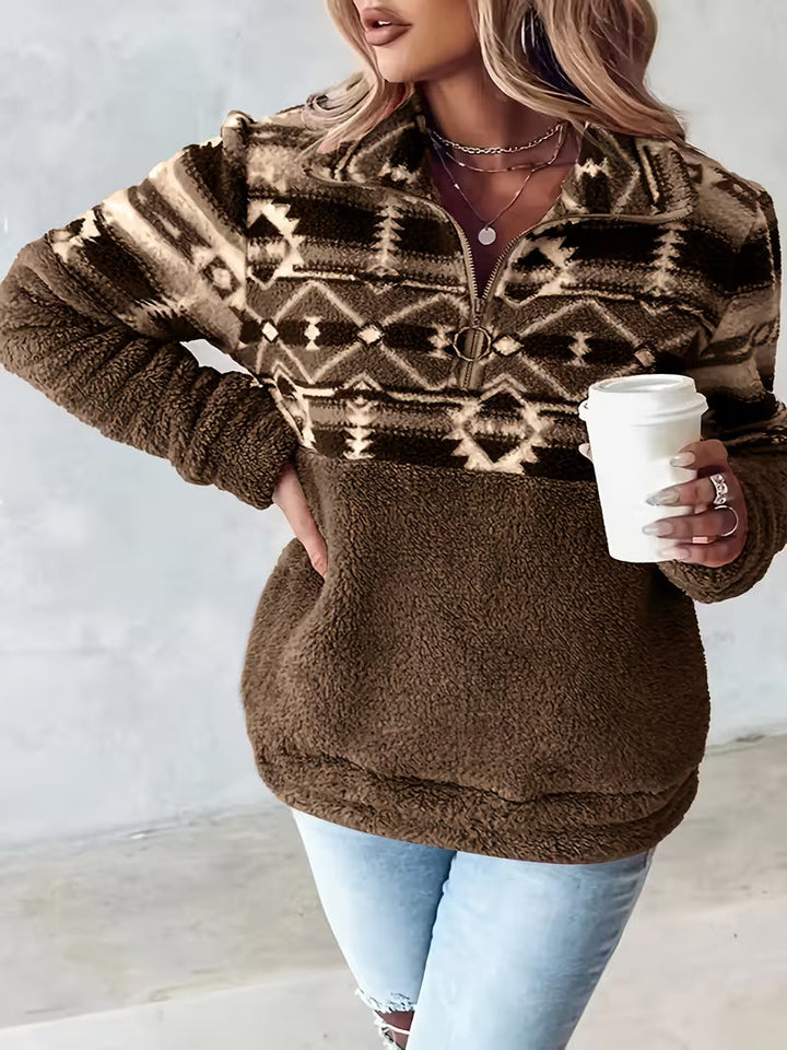 Florira - Geo Pattern Half-Zip Teddy Sweatshirt