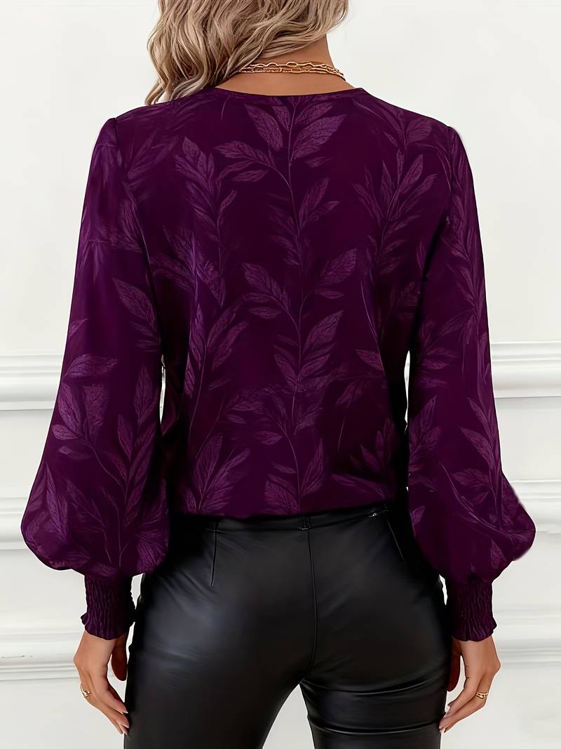 Ruchama - Elegant Long Sleeve Blouse With Leaf Print