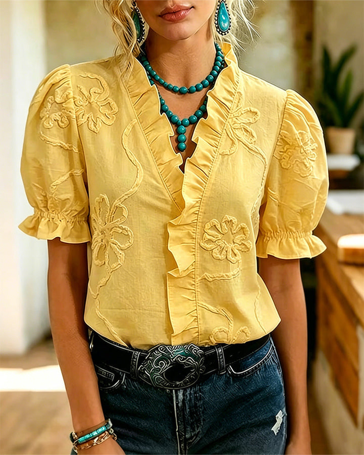 Lillynn - V-neck Blouse With Ruffled Trim And Puff Sleeves