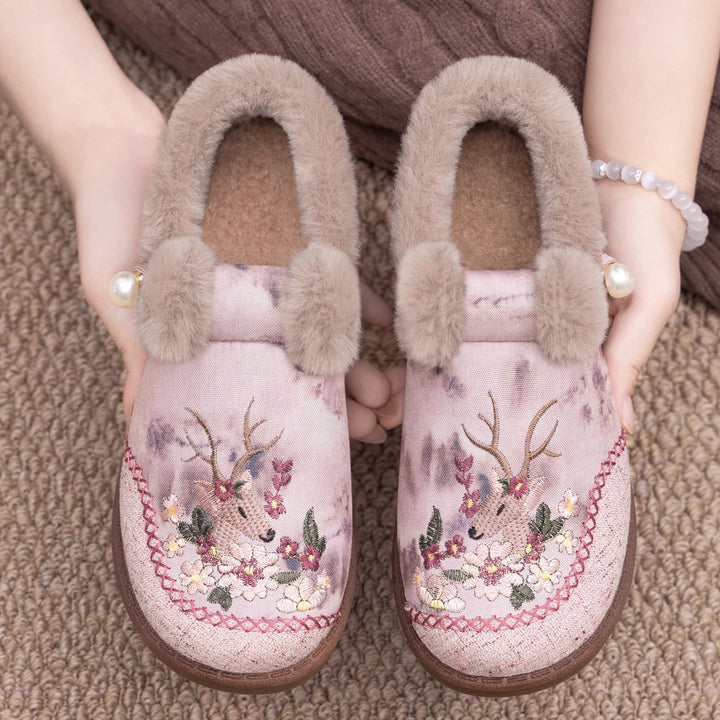 Alece - Retro Embroidered Deer Faux Fur Slippers