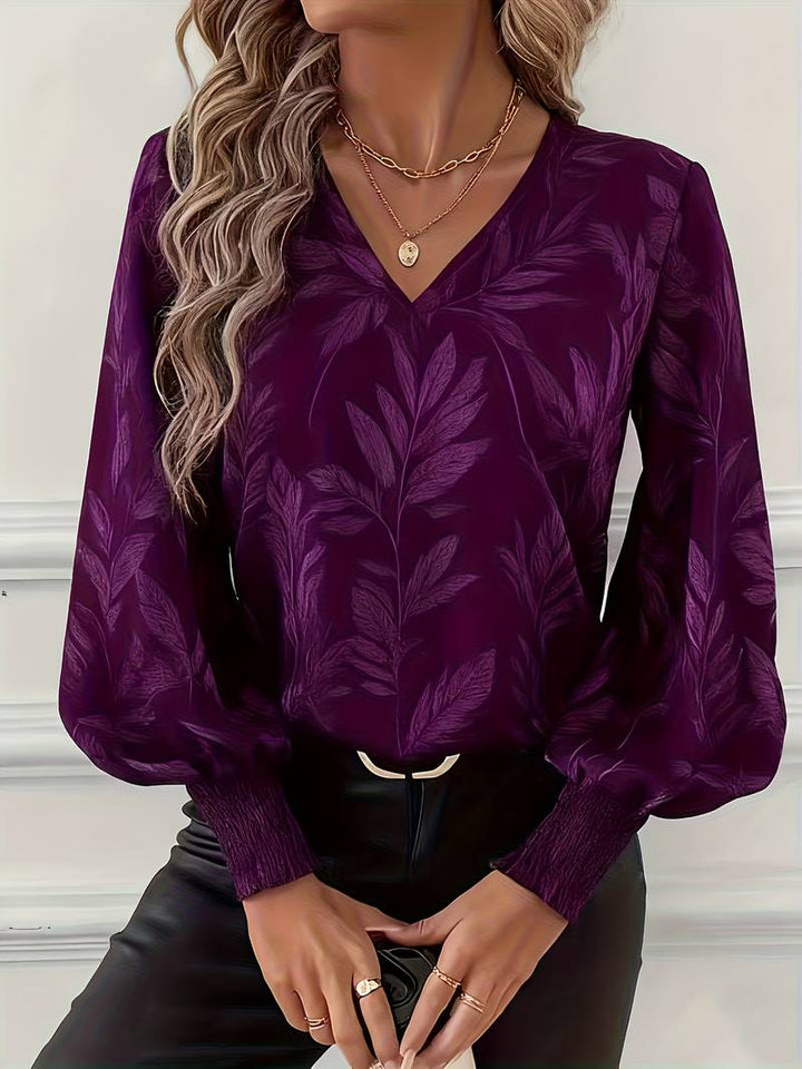 Ruchama - Elegant Long Sleeve Blouse With Leaf Print