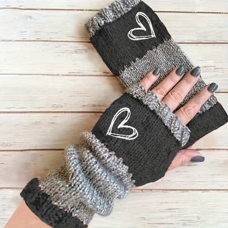 Eirlys - Knitted Fingerless Gloves With Heart Motif