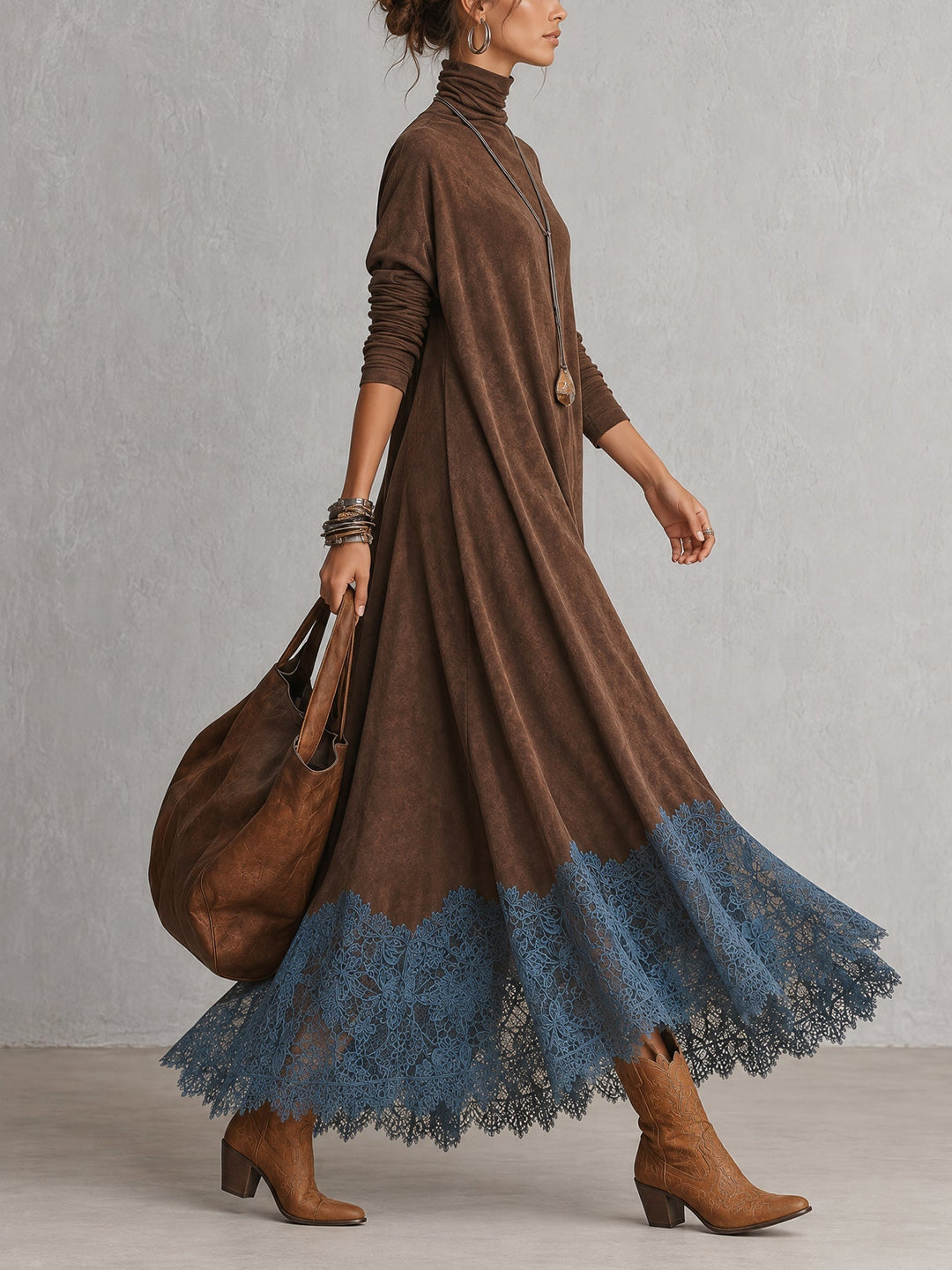 Opheuta - Long Sleeve Maxi Dress With Vintage Style