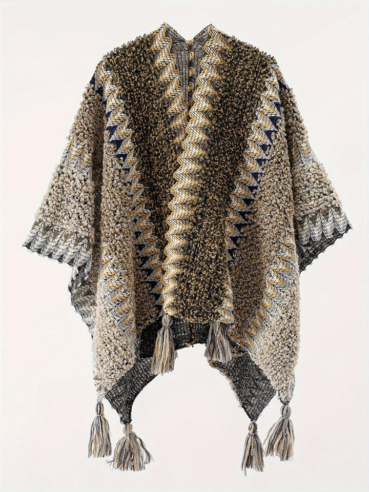 Raffalosa - Tassel Striped Blanket Cape Travel Jacket