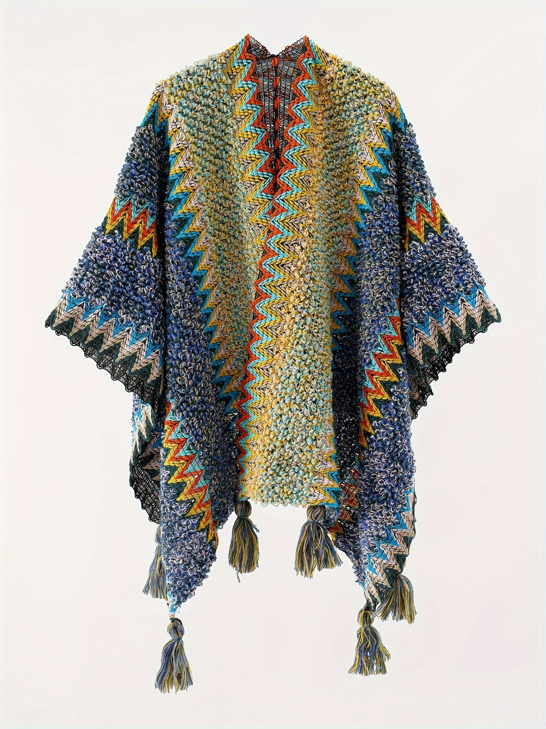 Raffalosa - Tassel Striped Blanket Cape Travel Jacket