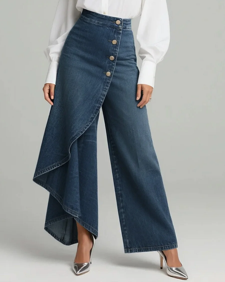 Elpida - Wrap Overlay Button Front Wide Leg Jeans