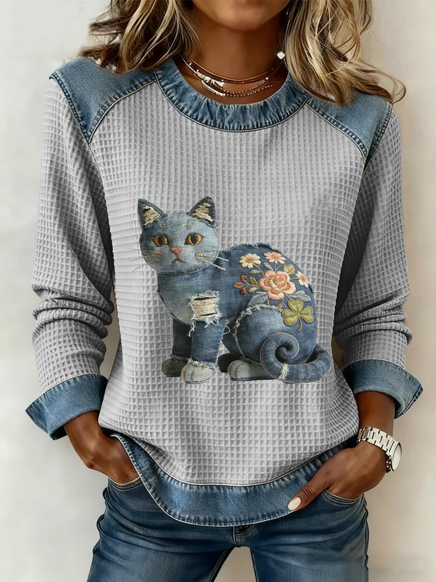 Karmela - Vintage Denim Patchwork Print Top