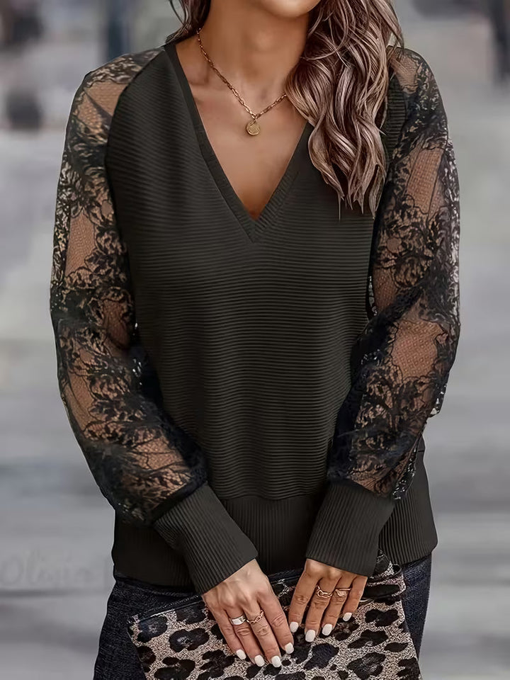 Danine - Casual Loose Lace Top With V-Neck