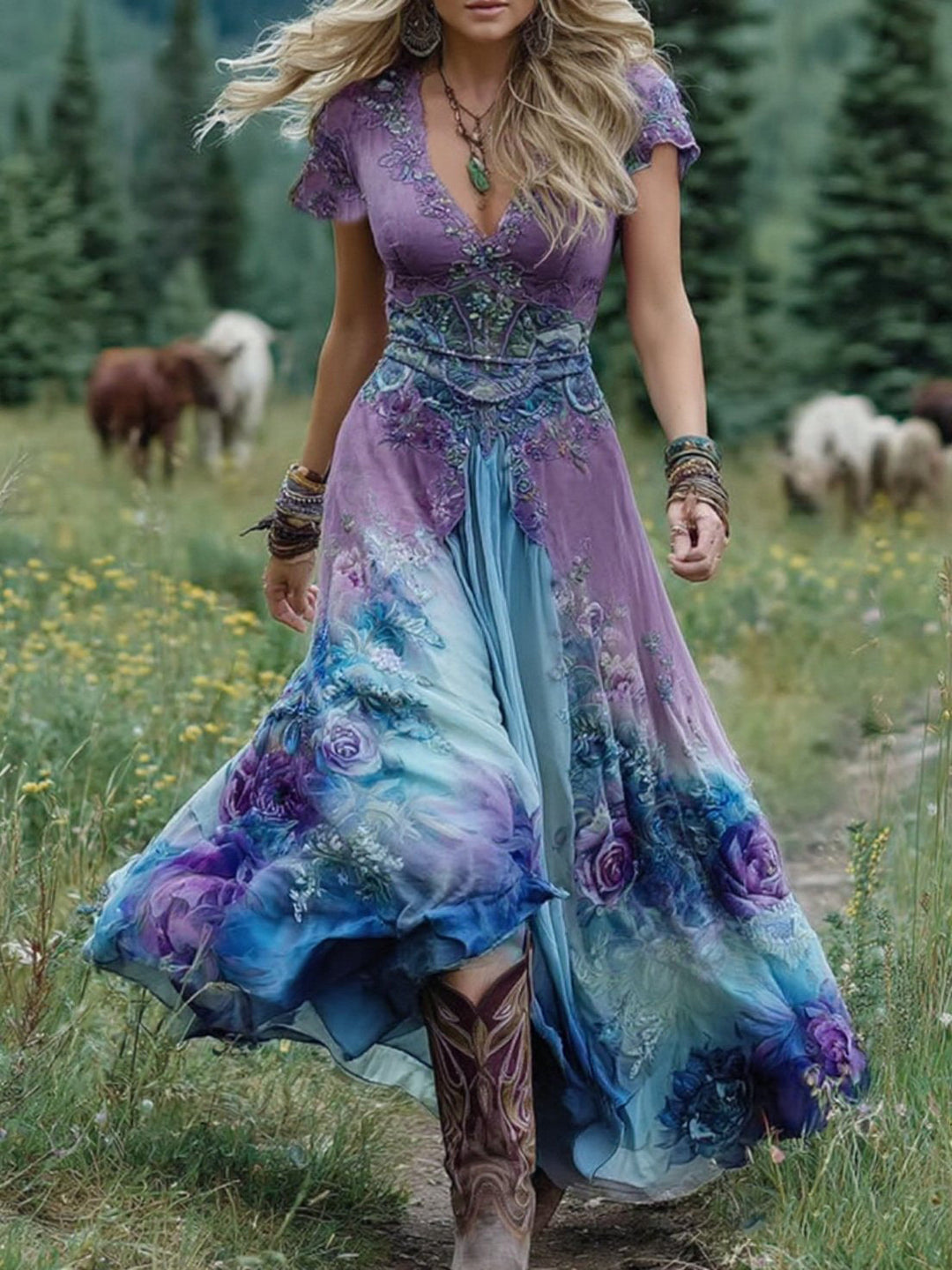 Marcina - Elegant Maxi Dress With Floral Hues
