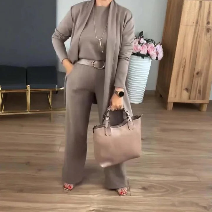 Zivara - Elegant 3-Piece Set With Long Cardigan, Top And Pant