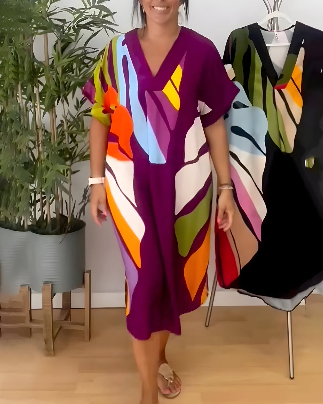 Madeline - Colorful Casual Dress With V-Neck