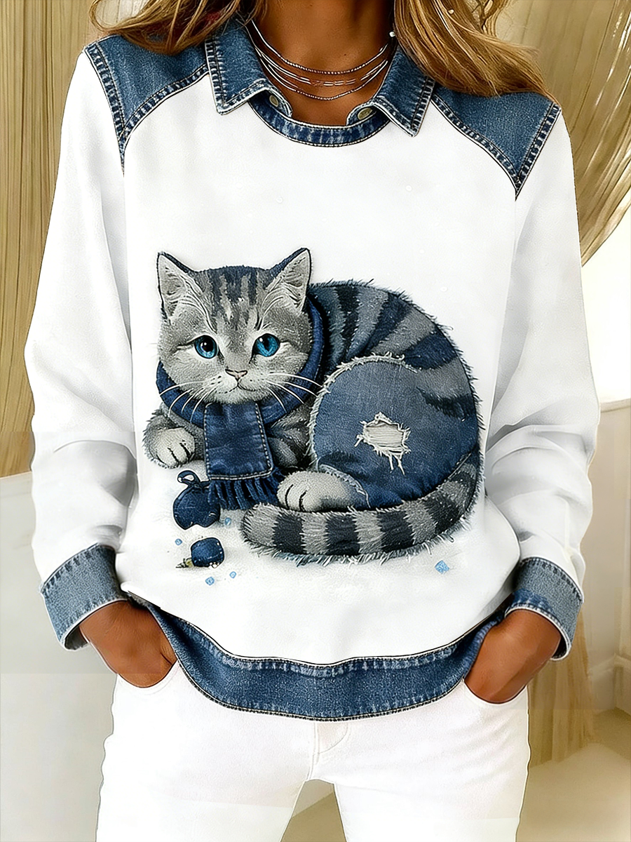 Eponin - Retro Cat Denim Patchwork Sweatshirt
