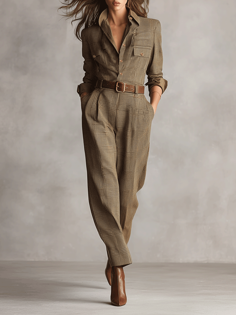 Florisa - Belted Check Jumpsuit With Shirt Collar