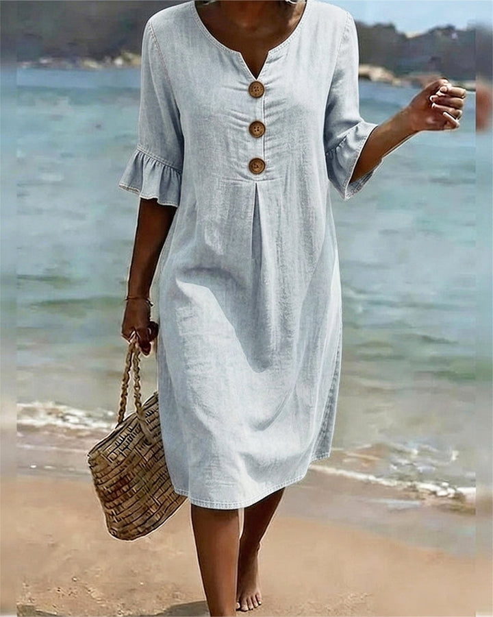 Fammke - Leaf Dress With Denim Sleeves