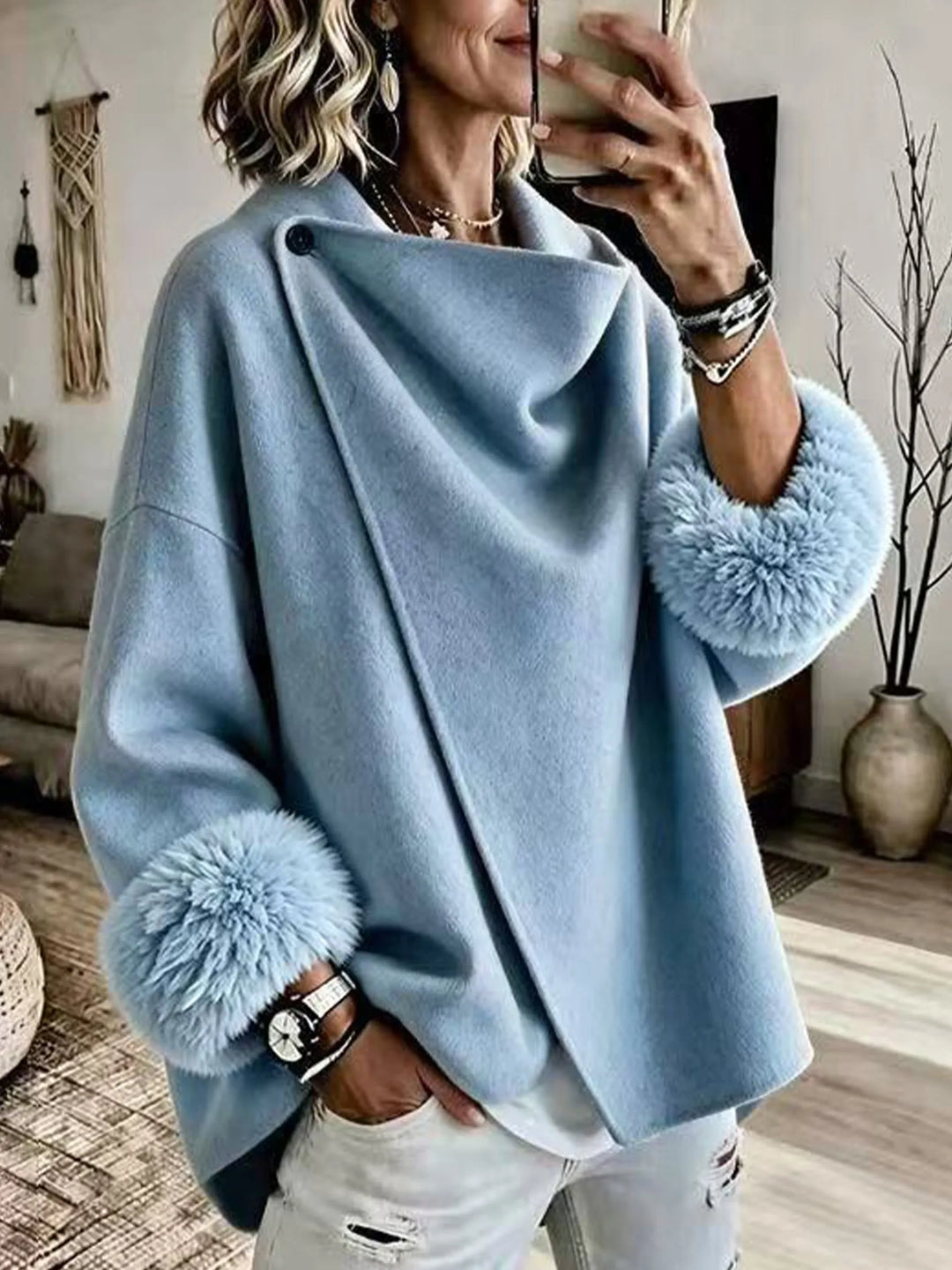 Kalisana - Faux Fur Cuff Asymmetric Wool-Blend Jacket