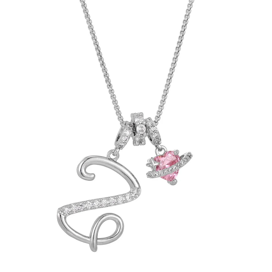 Nerute - Initial Letter Necklace With Pink Heart Charm