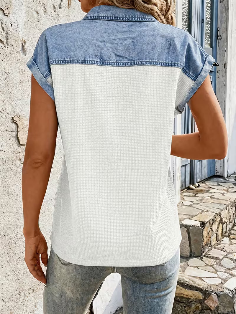 Haily - Casual Denim Patchwork Collar Top With Short Sleeve