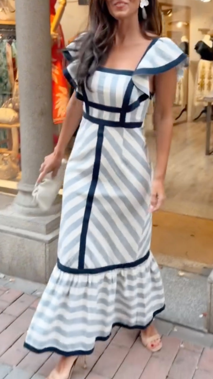 Lileeka - Mixed Stripe Sqaure Neck Maxi Dress