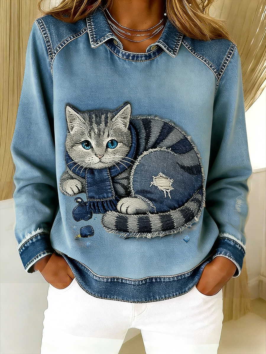 Eponin - Retro Cat Denim Patchwork Sweatshirt