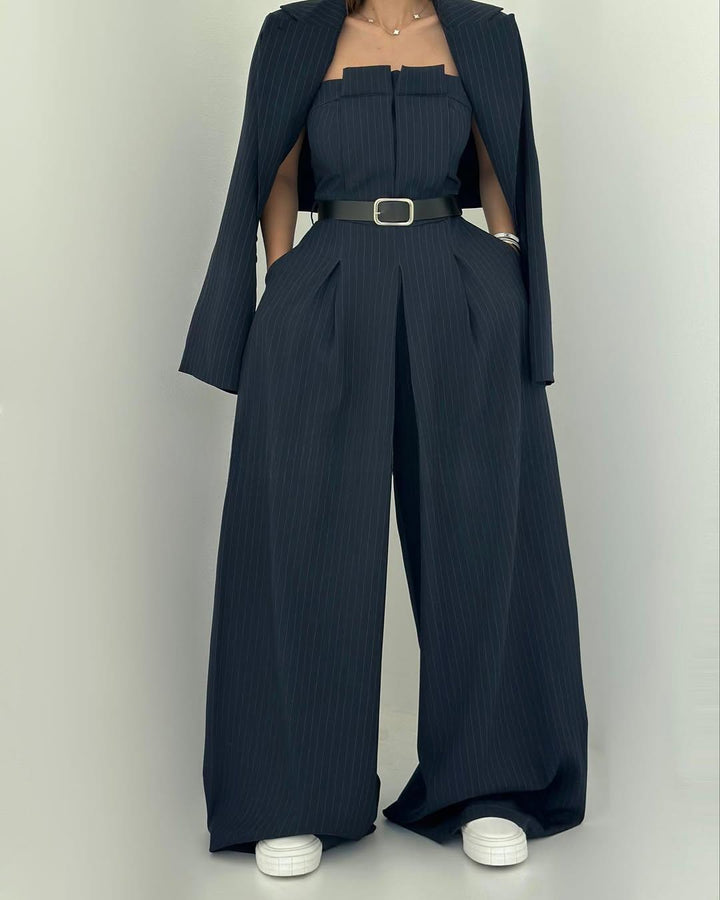 Lauralie - Strapless Jumpsuit Jacket Style Commuting Set