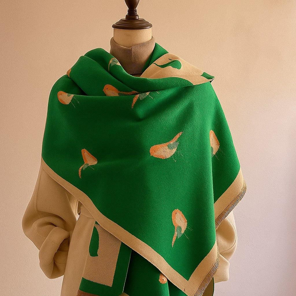 Jesmyn - Bird Printed Double-Sided Woolen Scarf