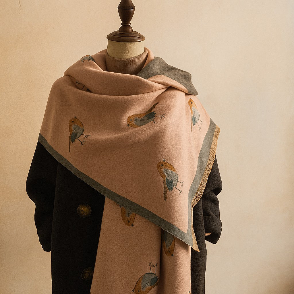 Jesmyn - Bird Printed Double-Sided Woolen Scarf