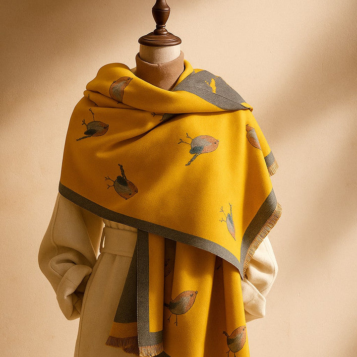 Jesmyn - Bird Printed Double-Sided Woolen Scarf