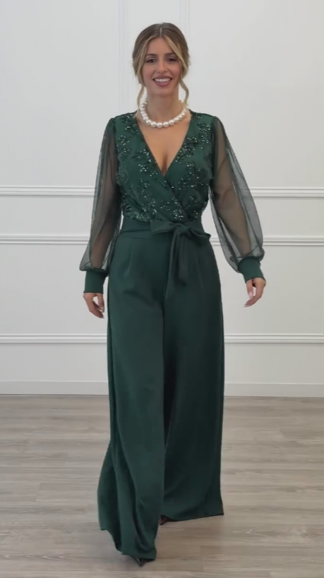 Meira - Mesh Long Sleeves Embellished Jumpsuit