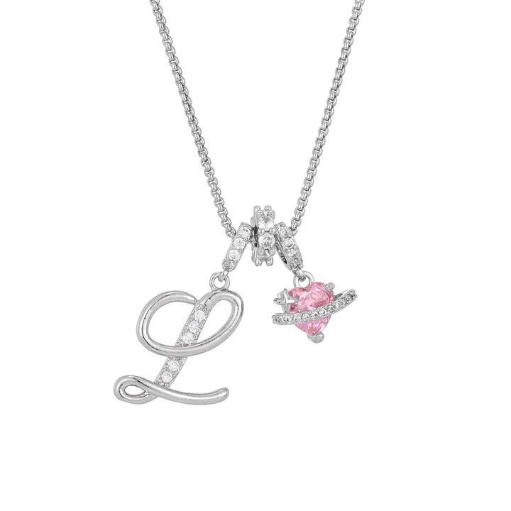 Nerute - Initial Letter Necklace With Pink Heart Charm