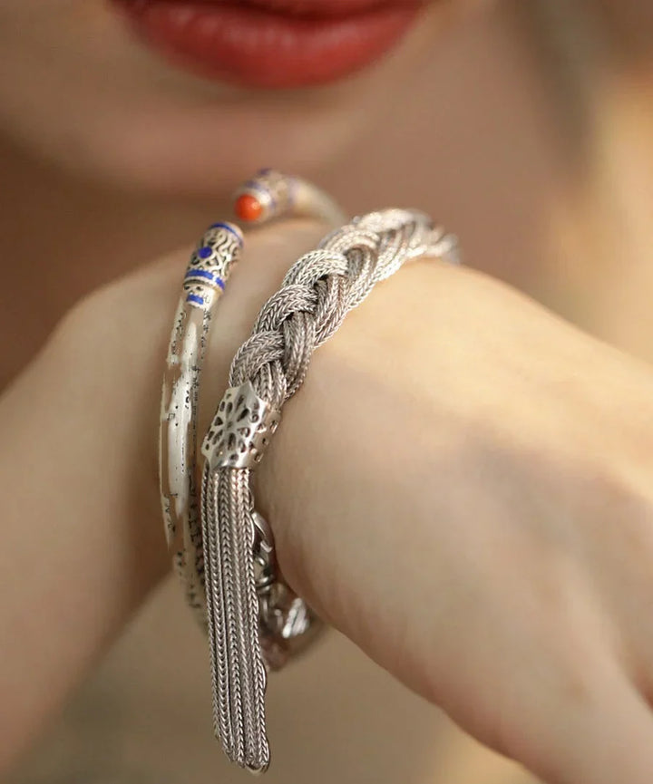 Mazie - Silk Silver Woven Charm Bracelet with Tassel