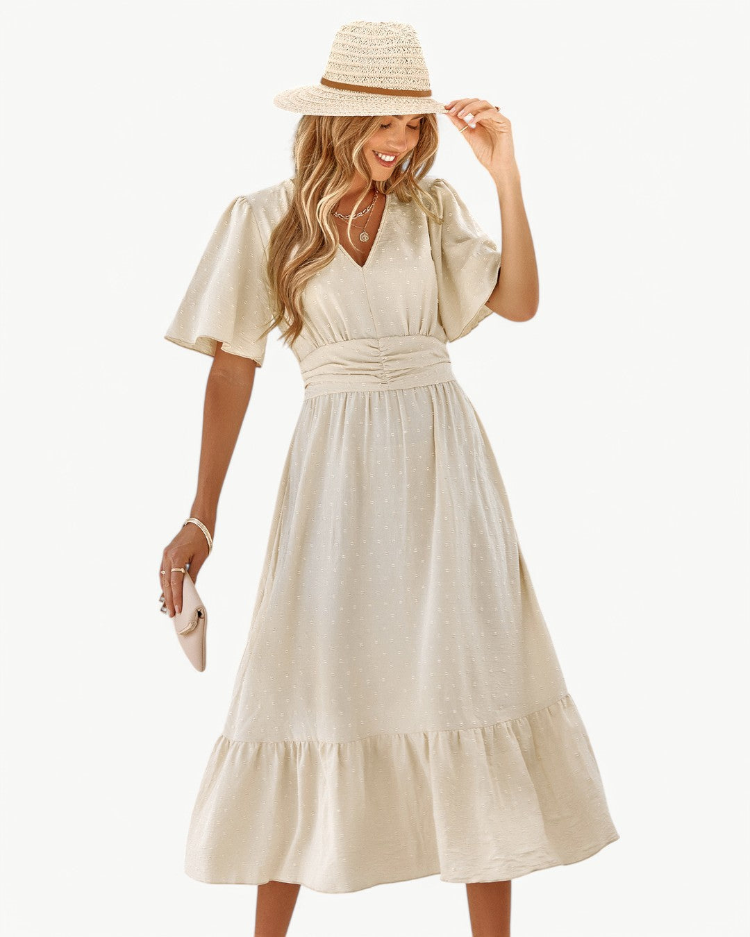Rameena - Stylish V-Neck And Short Sleeve Dress