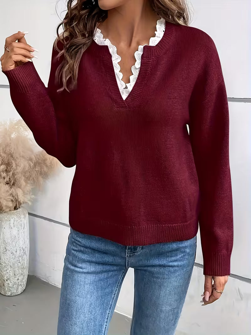 Kimbra - Stylish V-Neck Lace Trim Sweater