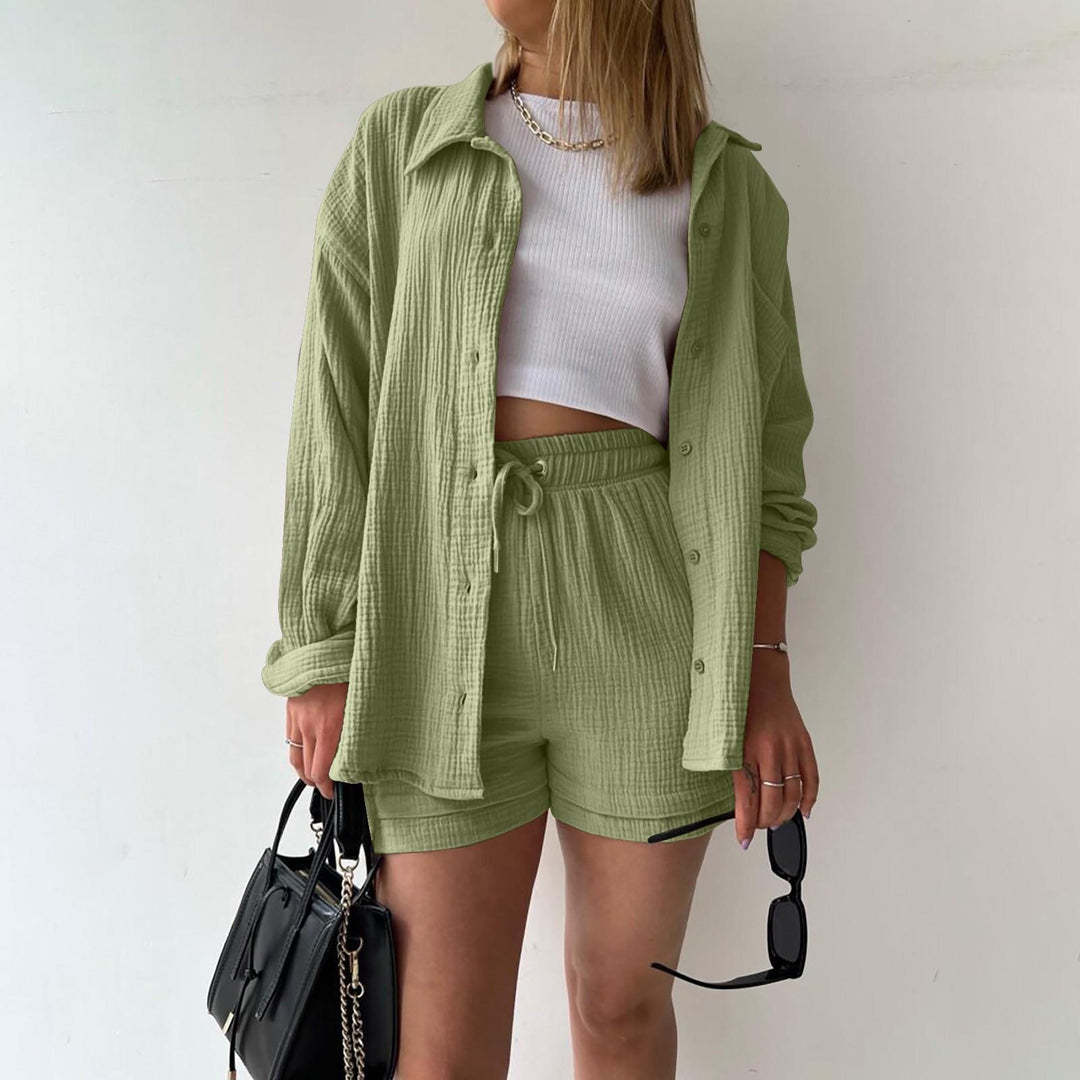 Katelyn - Two Piece Cotton Shirt And Shorts Set