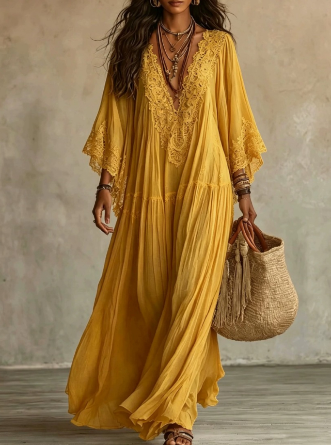 Avelella - Long Ivory Chiffon and Lace Dress