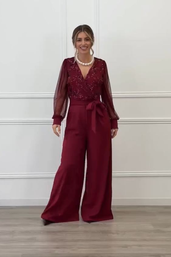 Meira - Mesh Long Sleeves Embellished Jumpsuit