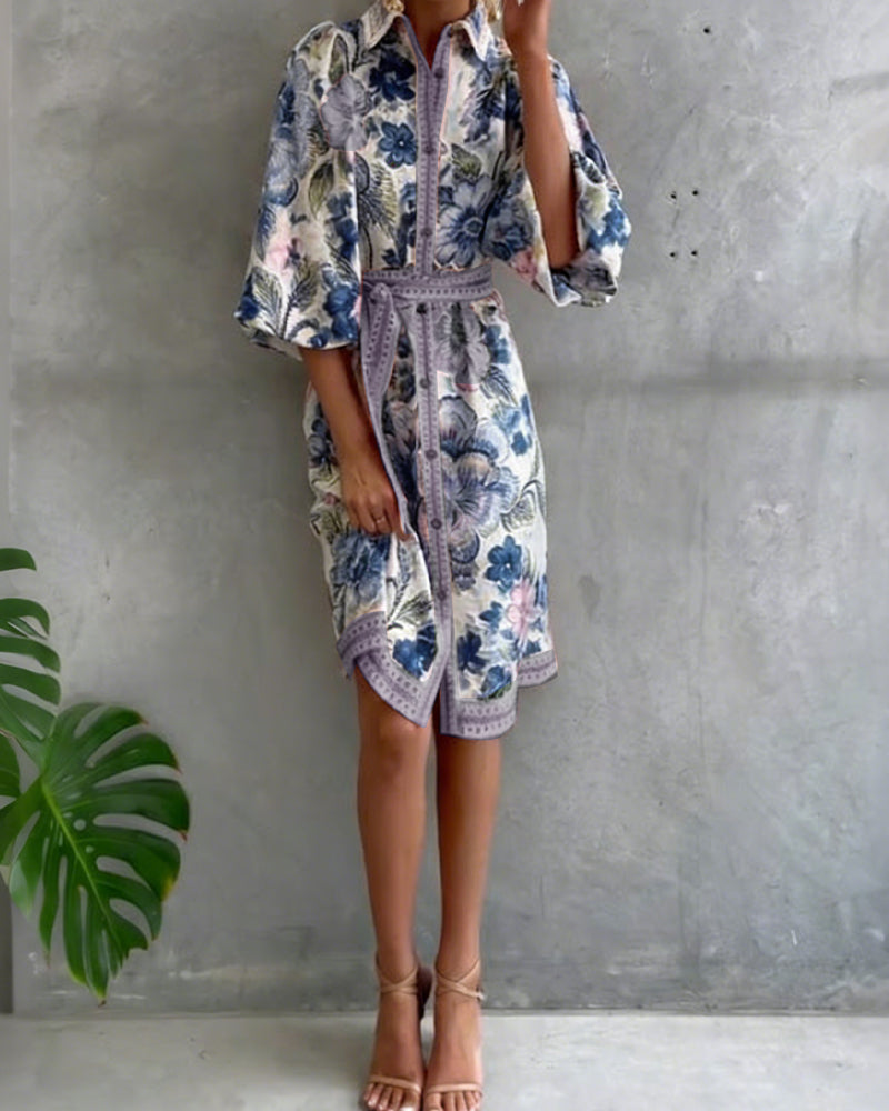 Nylera - Lantern Sleeve Dress With Notched Collar