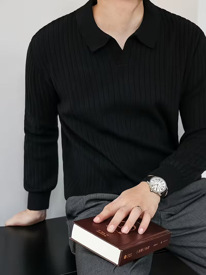 Laurian - Elegant Ribbed Knit Polo Sweater