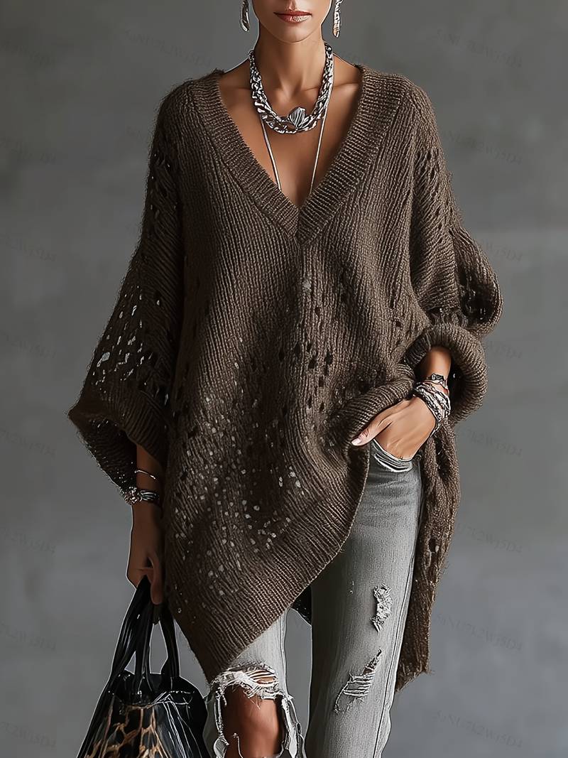 Bimashi - Long Sleeve Loose Sweater With V-Neck