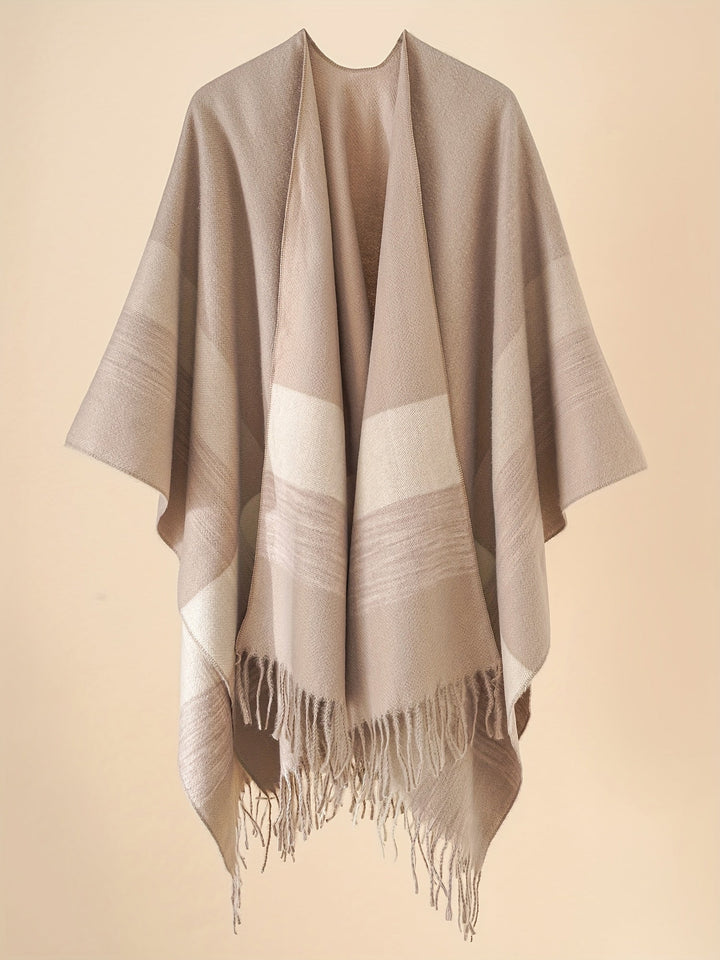 Lirelle - Geometric Pattern Fringed Poncho Shawl Wrap
