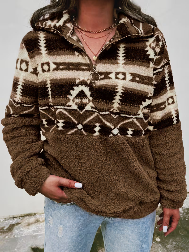 Florira - Geo Pattern Half-Zip Teddy Sweatshirt