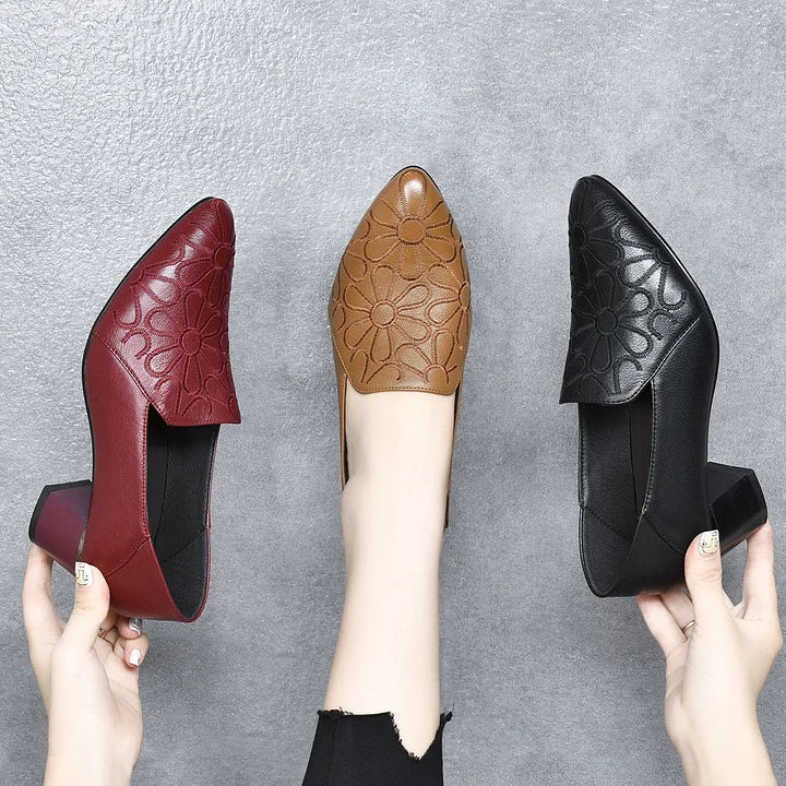 Minhora - Leather Embroidered Block Heel Pumps